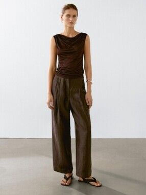 Massimo Dutti Brown Draped Linen Blend  Straight-Leg Pants Quiet Luxury